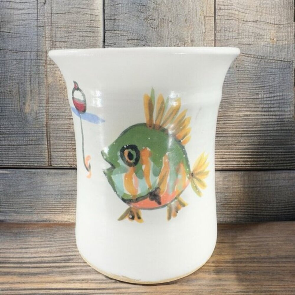 Vintage Hand Made Stoneware Pottery Vase‎ Vessel Spoon Holder Fishing Scene Vase